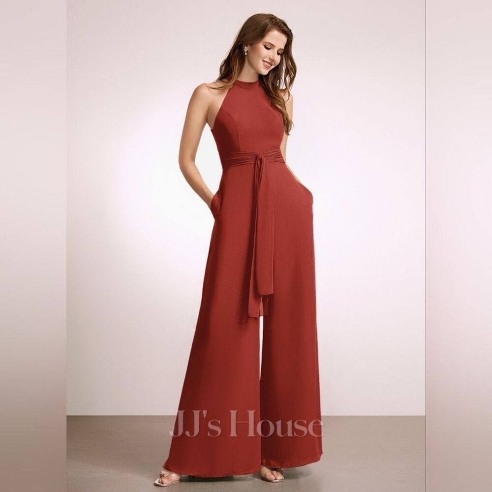 JJ'S House Bess Vermillion Wide Leg Chiffon Halter Jumpsuit Formal - Size 6